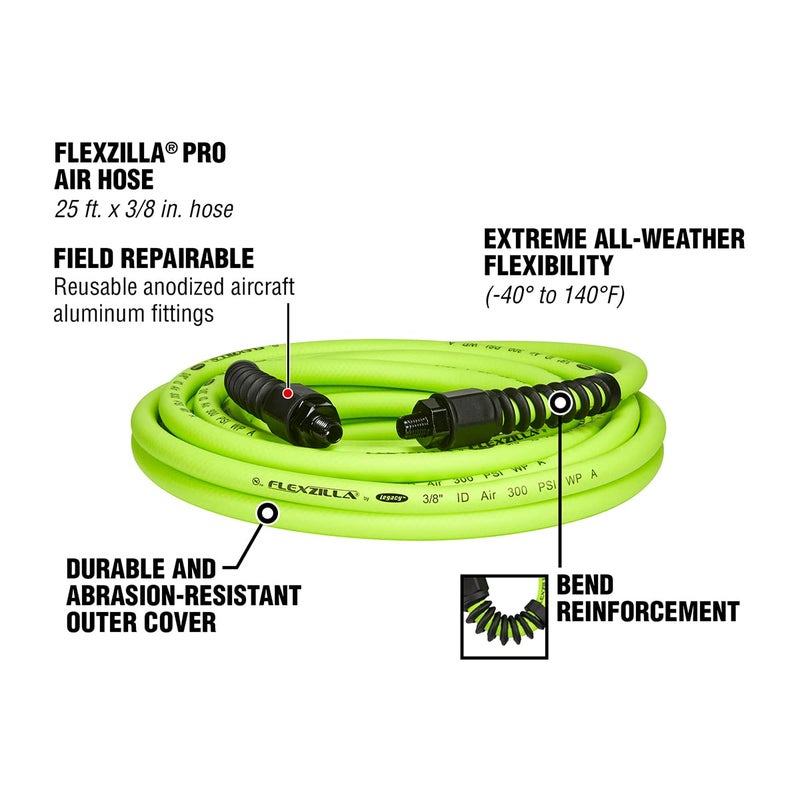 Flexzilla Pro Air Hose, 3/8 in. x 25 ft., Heavy Duty, Lightweight, Hybrid, ZillaGreen - HFZP3825YW2 - Image 3